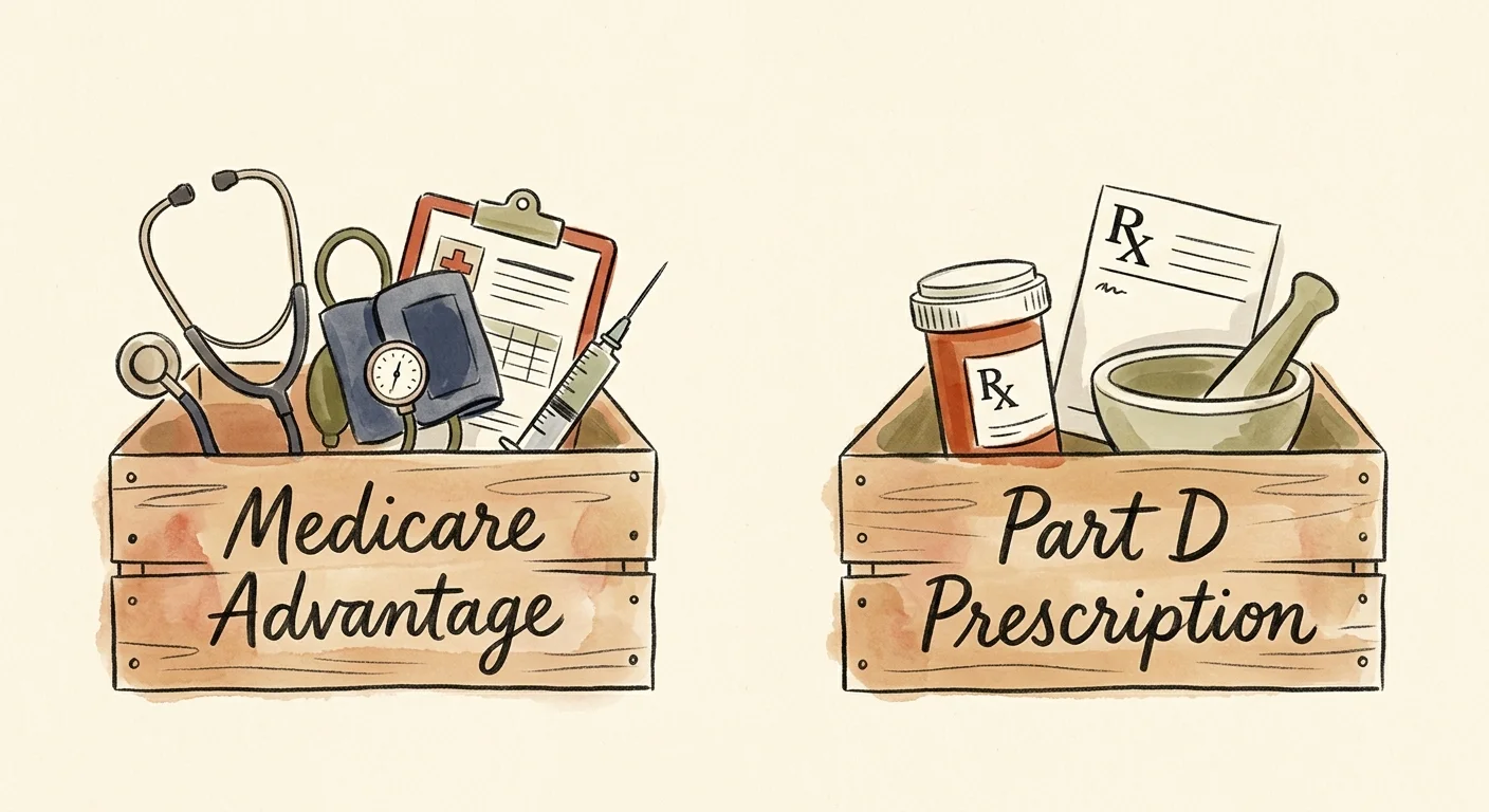 A split illustration comparing a basket of medical tools for Medicare Advantage with a basket of prescription items for Part D.