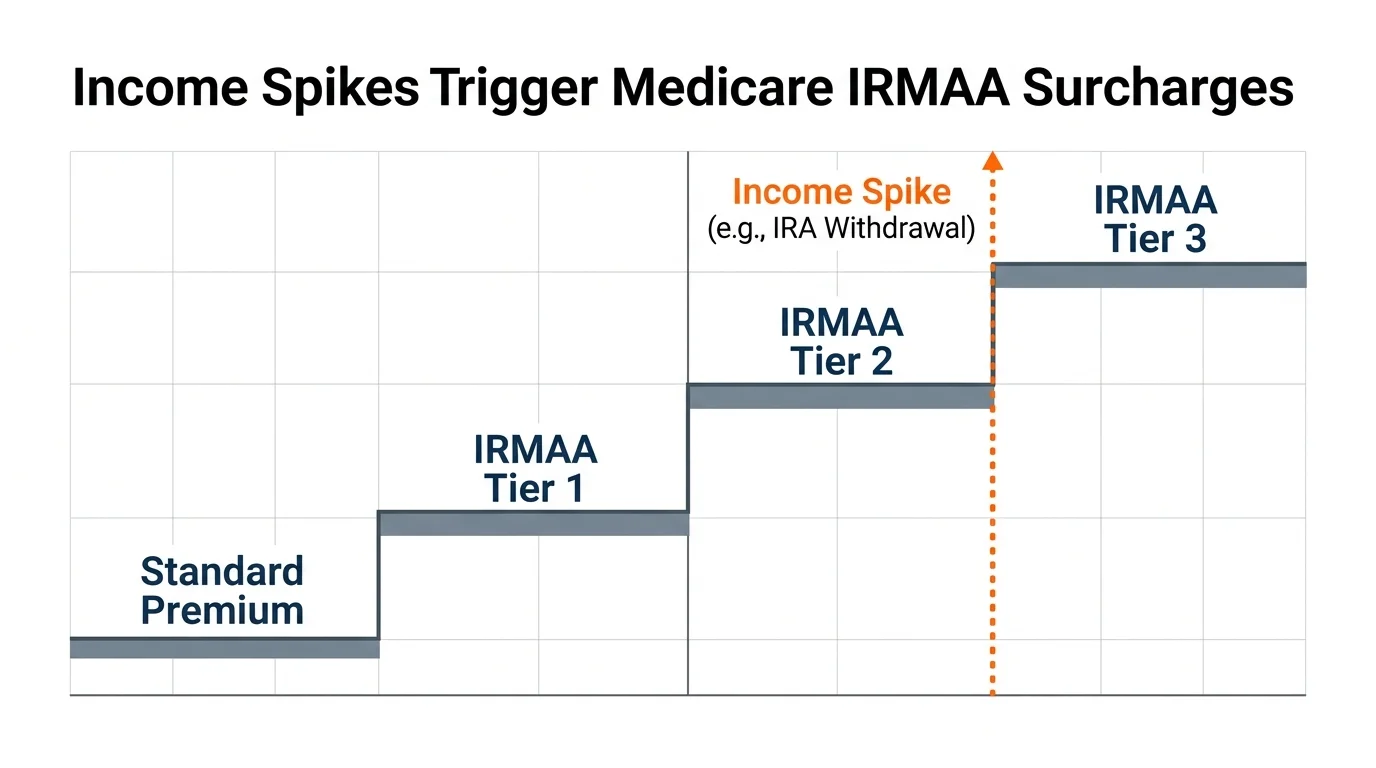 A step-chart diagram showing how an income spike pushes a retiree into higher Medicare IRMAA surcharge tiers.