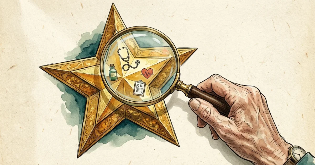 A stylized illustration of a magnifying glass examining a gold star to reveal tiny icons of health and medicine inside its facets.
