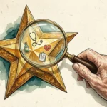 A stylized illustration of a magnifying glass examining a gold star to reveal tiny icons of health and medicine inside its facets.