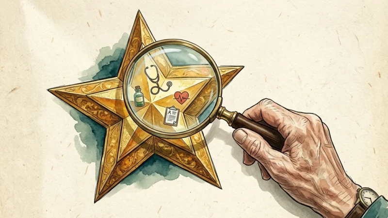 A stylized illustration of a magnifying glass examining a gold star to reveal tiny icons of health and medicine inside its facets.