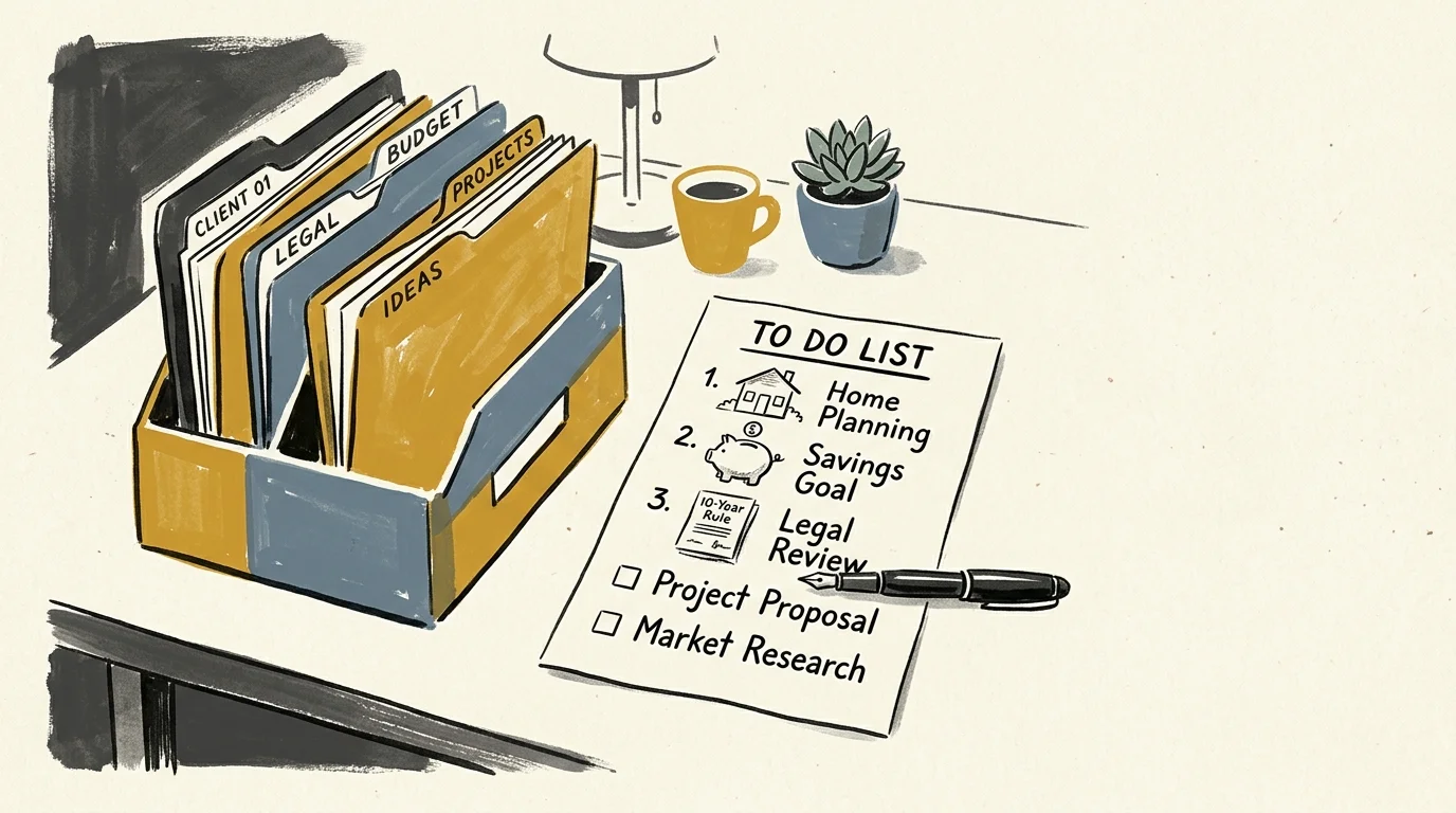 A stylized ink and gouache illustration of a checklist next to a folder organizer, representing retirement planning reviews.