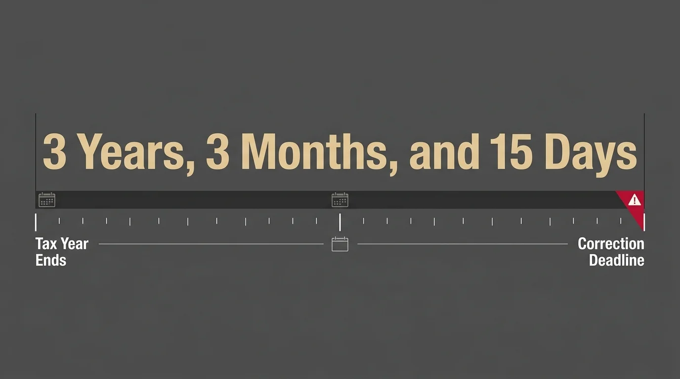 A timeline diagram illustrating the strict 3-year, 3-month, and 15-day deadline to correct Social Security record errors.