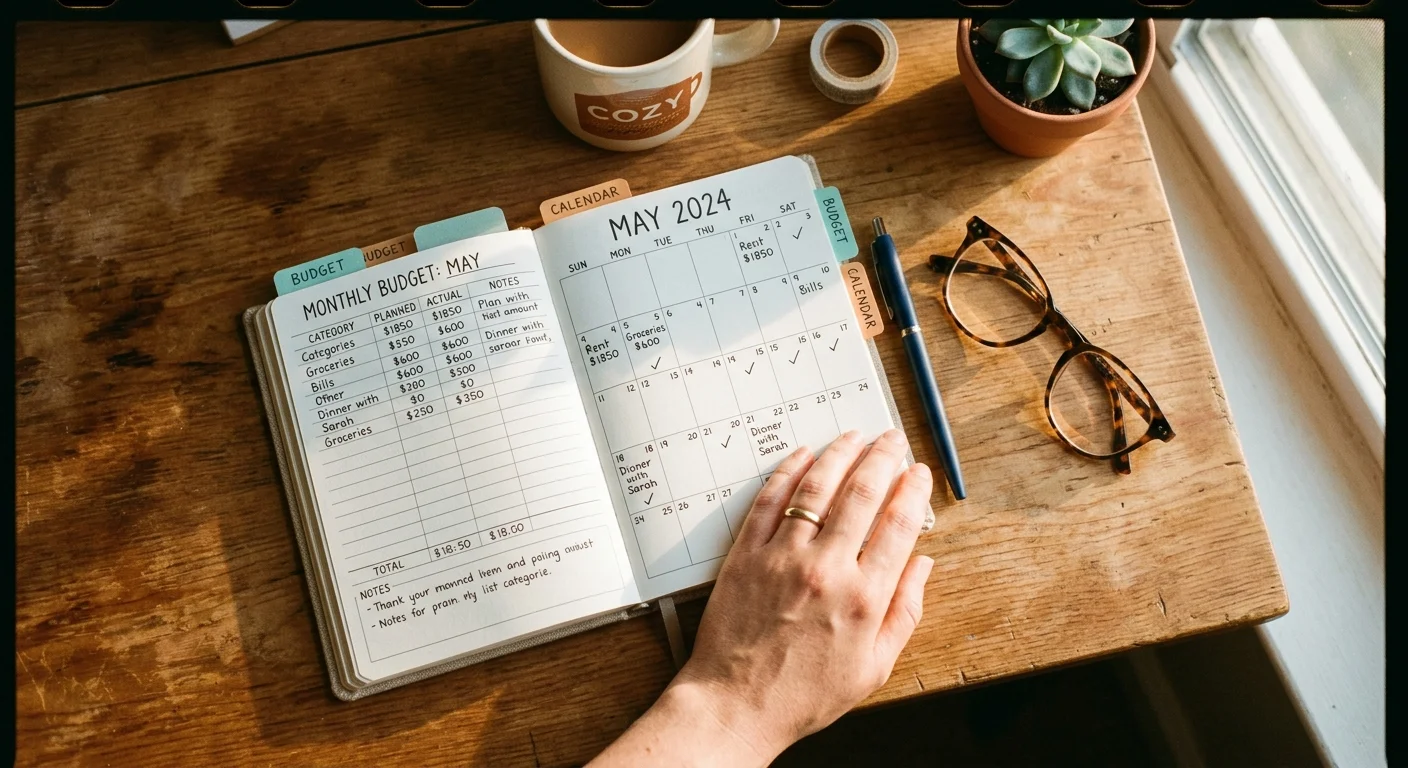 A warm, 35mm film style close-up of a hand organizing a physical budget planner with colored sticky tabs on a wooden desk.