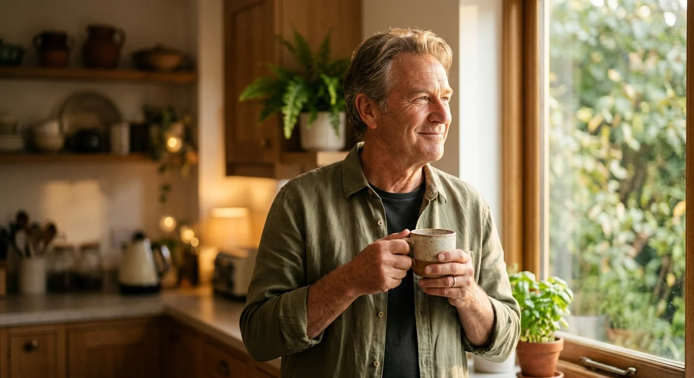 A warm portrait of an older man smiling and looking out a sunny kitchen window, holding a coffee mug.
