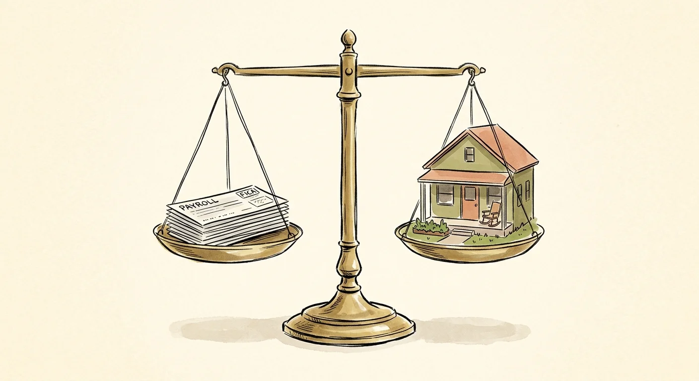 A watercolor and ink illustration of a balance scale with payroll slips balancing a cozy miniature retirement home.