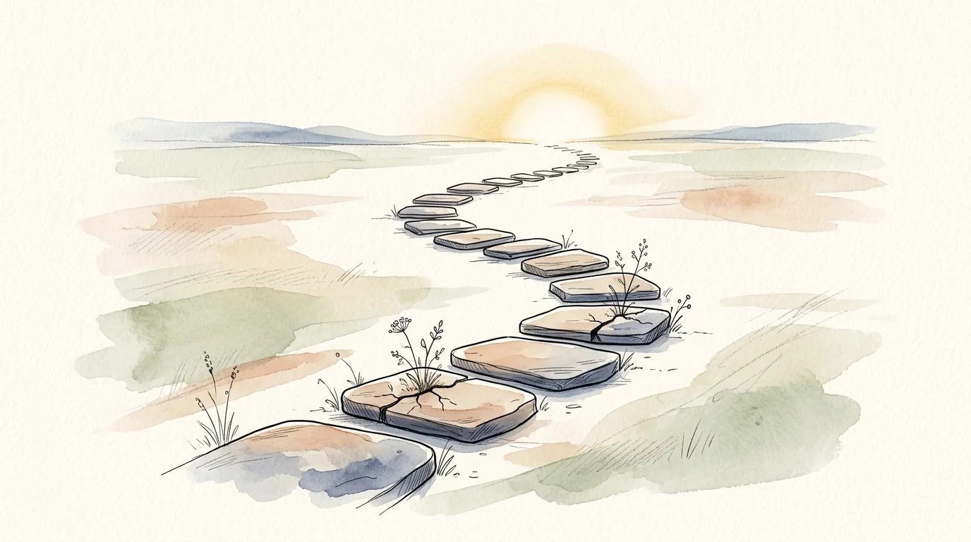 A watercolor path of stepping stones with small cracks representing subtle, hidden financial traps along the road to retirement.