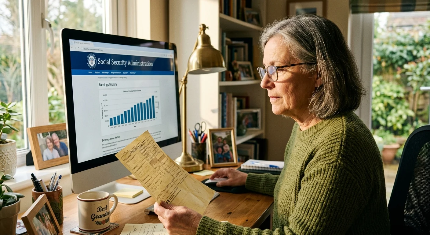 A woman at her home computer comparing a vintage W-2 form with her online Social Security statement.