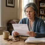A woman in her 60s sits at a sunlit kitchen table looking determinedly at a letter, surrounded by organized paperwork.