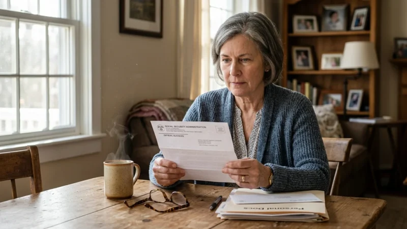A woman in her 60s sits at a sunlit kitchen table looking determinedly at a letter, surrounded by organized paperwork.