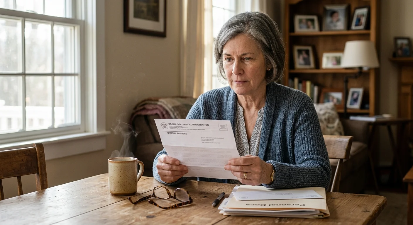 A woman in her 60s sits at a sunlit kitchen table looking determinedly at a letter, surrounded by organized paperwork.