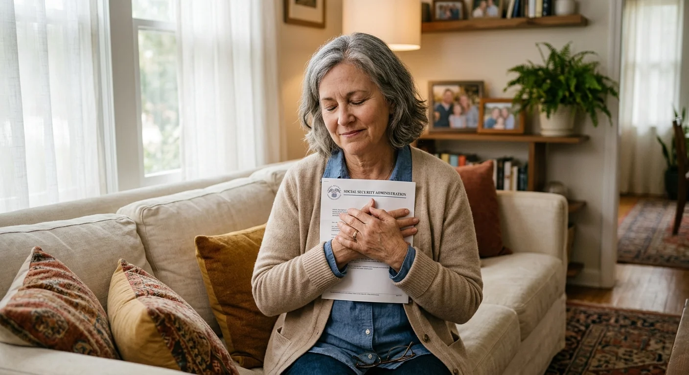 A woman in her late 50s sitting on her living room sofa, holding an official letter with an expression of relief.