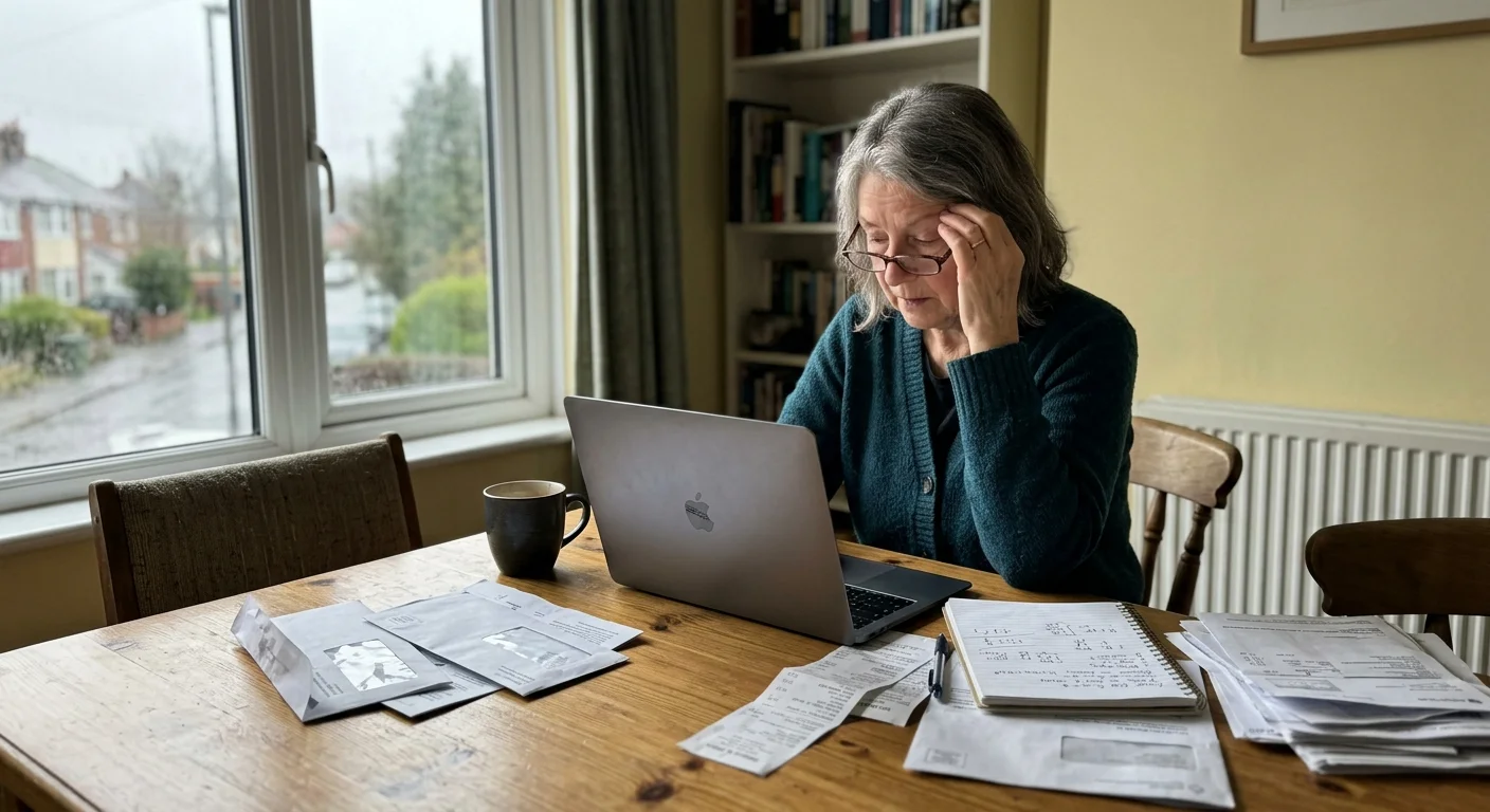 A woman looks intently at a laptop at her dining table, surrounded by paper clutter, indicating confusion or stress over forms.