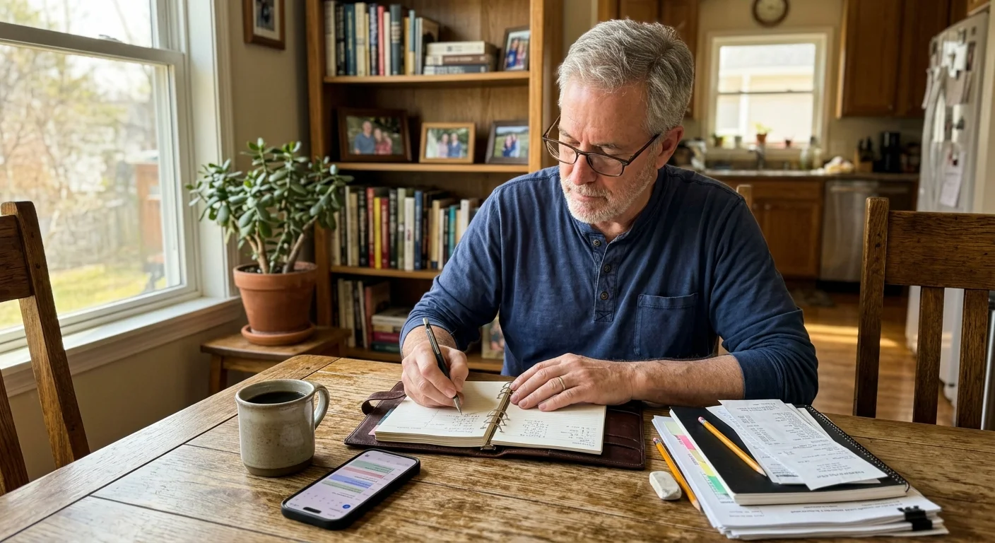 A working senior man thoughtfully reviews paperwork and plans in his notebook at a sunlit kitchen table.