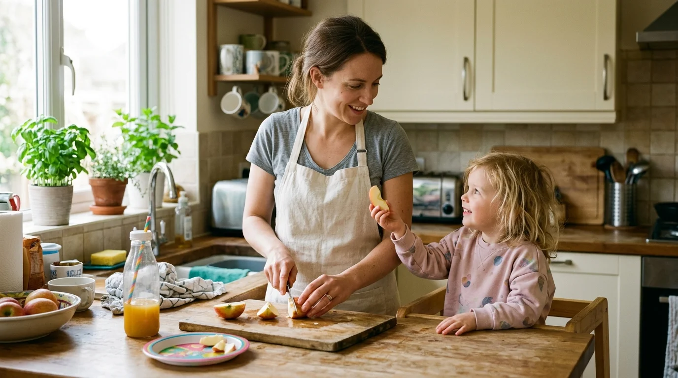 A young mother prepares a healthy snack for her toddler in a sunlit, authentic home kitchen.