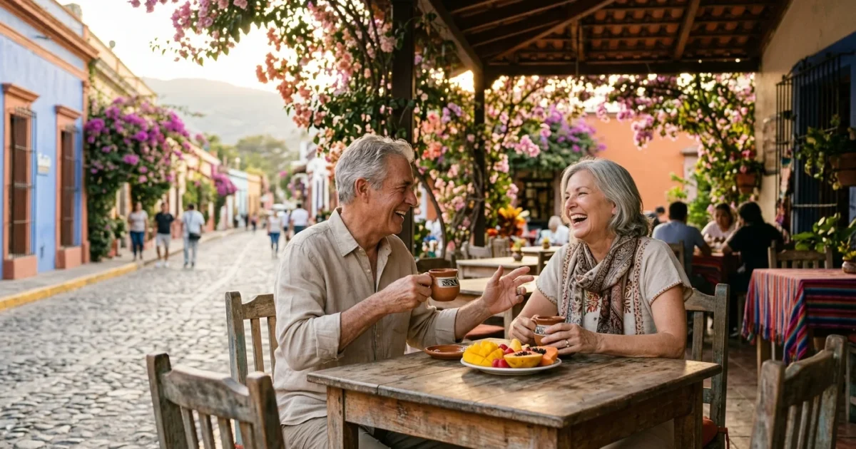 An active retired American couple sitting at an outdoor cafe in Ajijic, Mexico, surrounded by colorful colonial buildings.