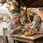 An active retired American couple sitting at an outdoor cafe in Ajijic, Mexico, surrounded by colorful colonial buildings.
