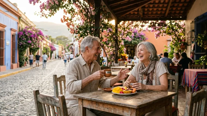 An active retired American couple sitting at an outdoor cafe in Ajijic, Mexico, surrounded by colorful colonial buildings.