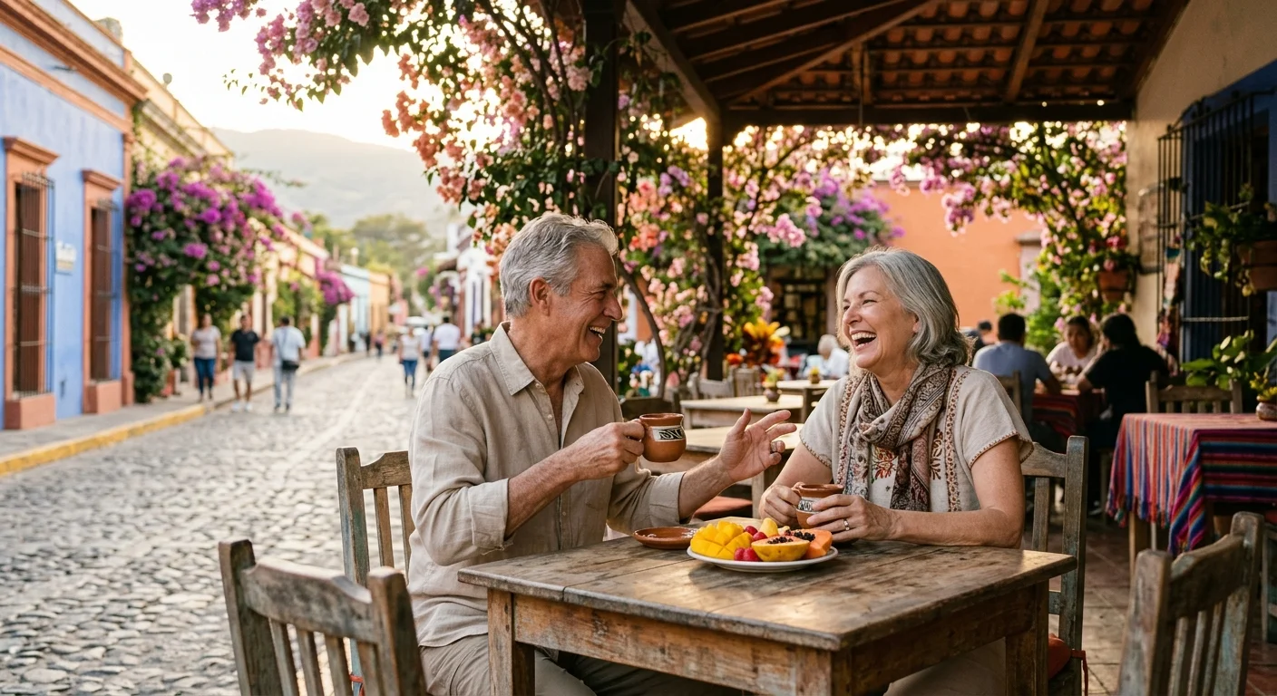 An active retired American couple sitting at an outdoor cafe in Ajijic, Mexico, surrounded by colorful colonial buildings.