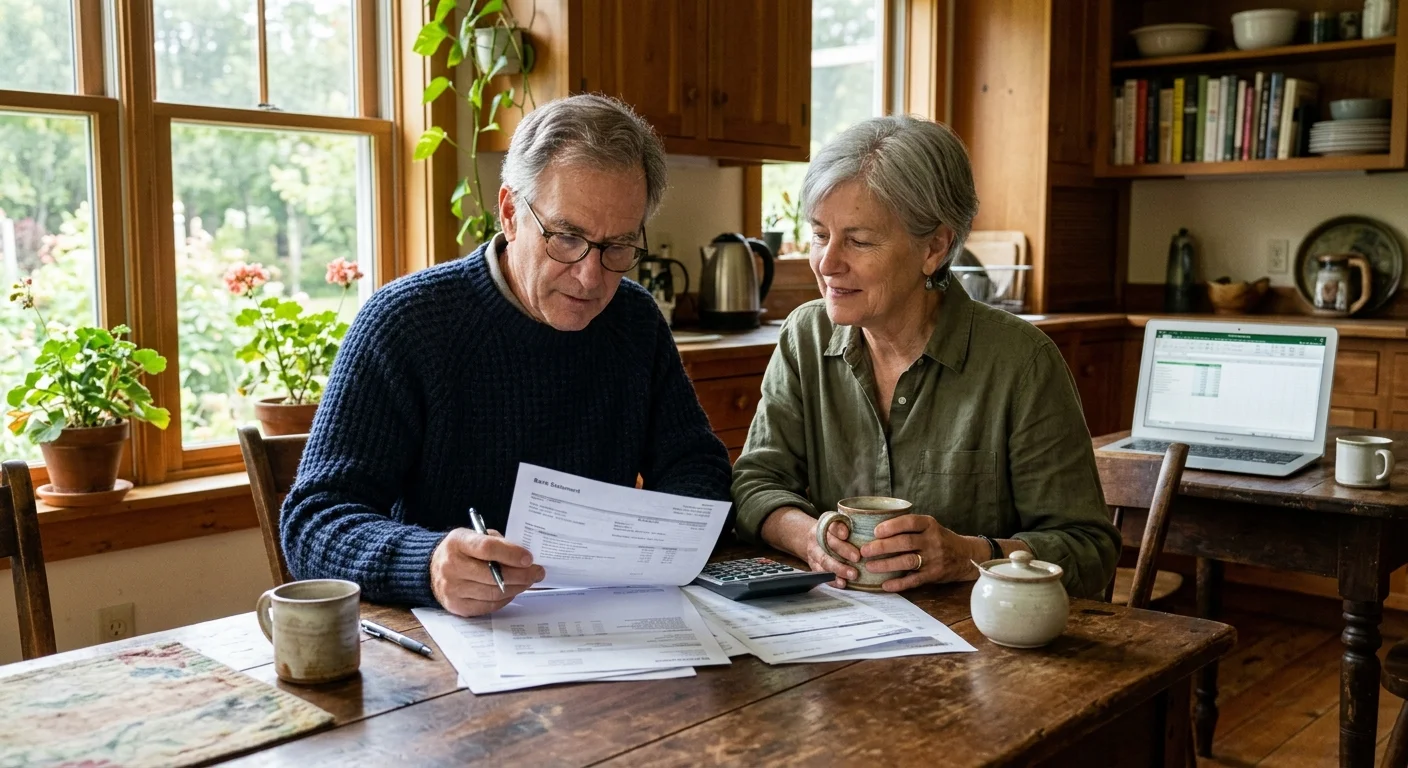 An active retired couple sitting at their wooden kitchen table reviewing printed financial paperwork together in warm morning light.