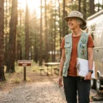 An active retired woman working as a campground host next to a vintage trailer in a sun-dappled pine forest.