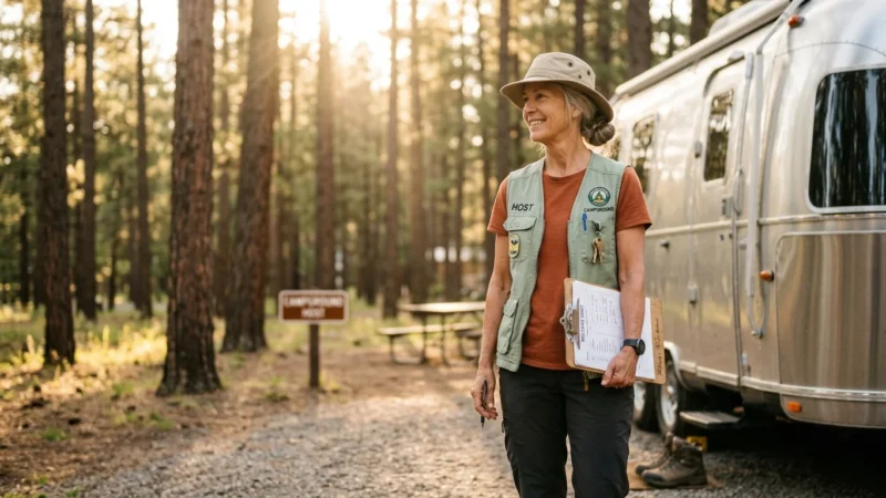 An active retired woman working as a campground host next to a vintage trailer in a sun-dappled pine forest.
