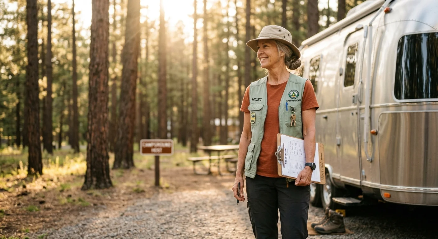 An active retired woman working as a campground host next to a vintage trailer in a sun-dappled pine forest.