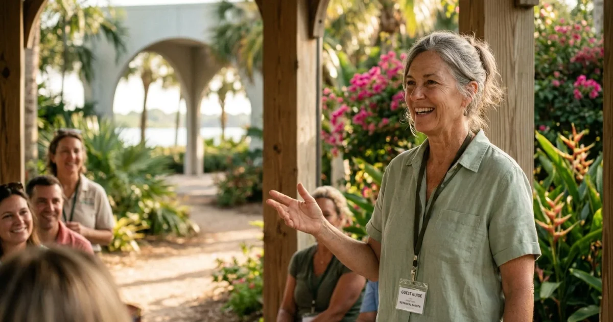 A smiling senior tour guide wearing a name badge speaks to a group of visitors in an outdoor botanical garden.