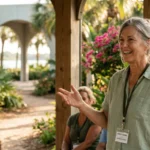 A smiling senior tour guide wearing a name badge speaks to a group of visitors in an outdoor botanical garden.