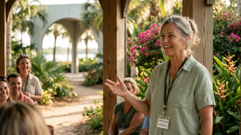 A smiling senior tour guide wearing a name badge speaks to a group of visitors in an outdoor botanical garden.