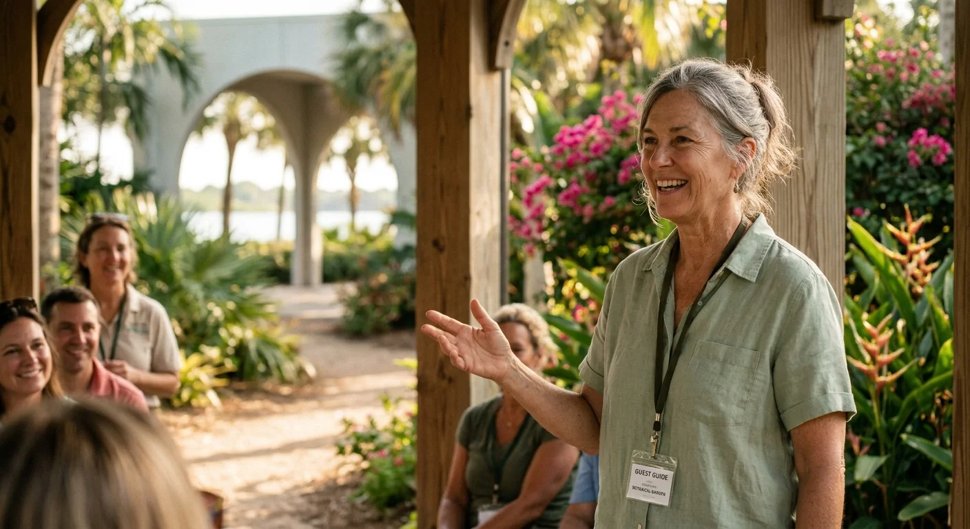 A smiling senior tour guide wearing a name badge speaks to a group of visitors in an outdoor botanical garden.