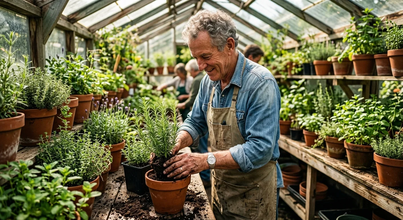 An active senior man happily working with plants at a local plant nursery.