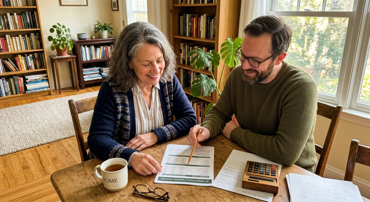An active senior woman collaborates with a financial advisor over documents in a warm, sunlit home office.