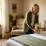 An active senior woman happily prepares a cozy, sunlit guest bedroom with fresh flowers, creating a welcoming space.