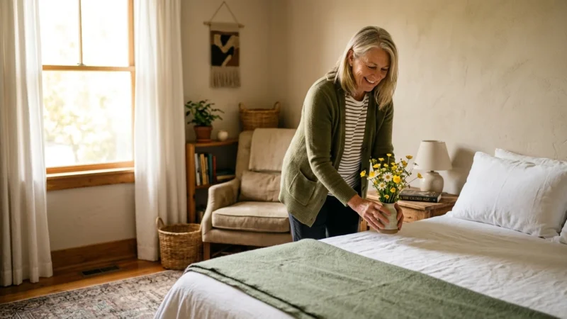 An active senior woman happily prepares a cozy, sunlit guest bedroom with fresh flowers, creating a welcoming space.