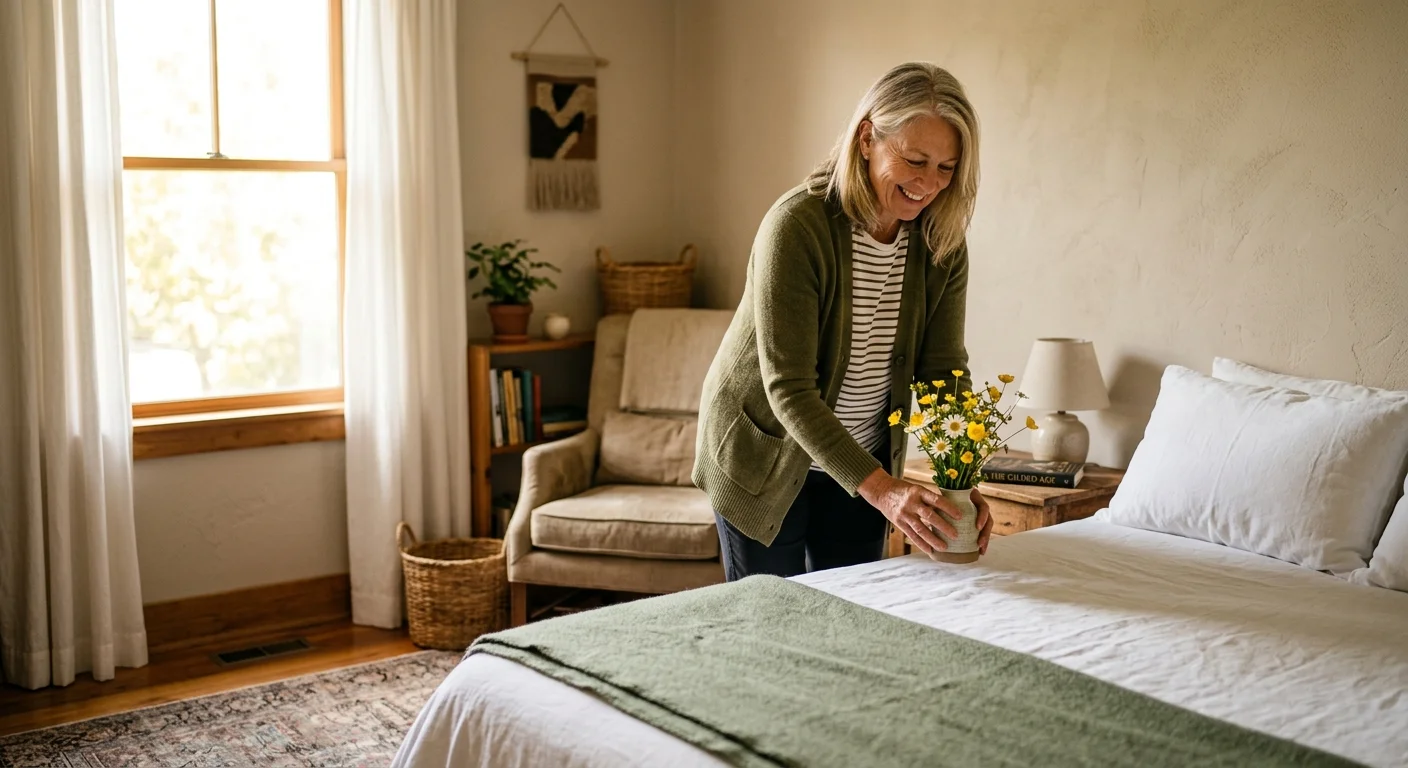 An active senior woman happily prepares a cozy, sunlit guest bedroom with fresh flowers, creating a welcoming space.