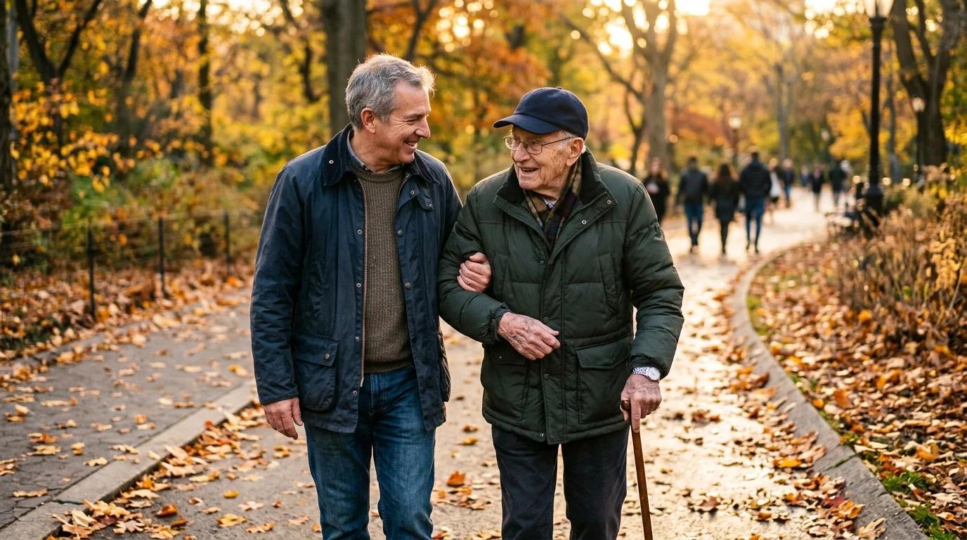 An adult son walks arm-in-arm with his elderly father along an autumn park path covered in golden leaves.
