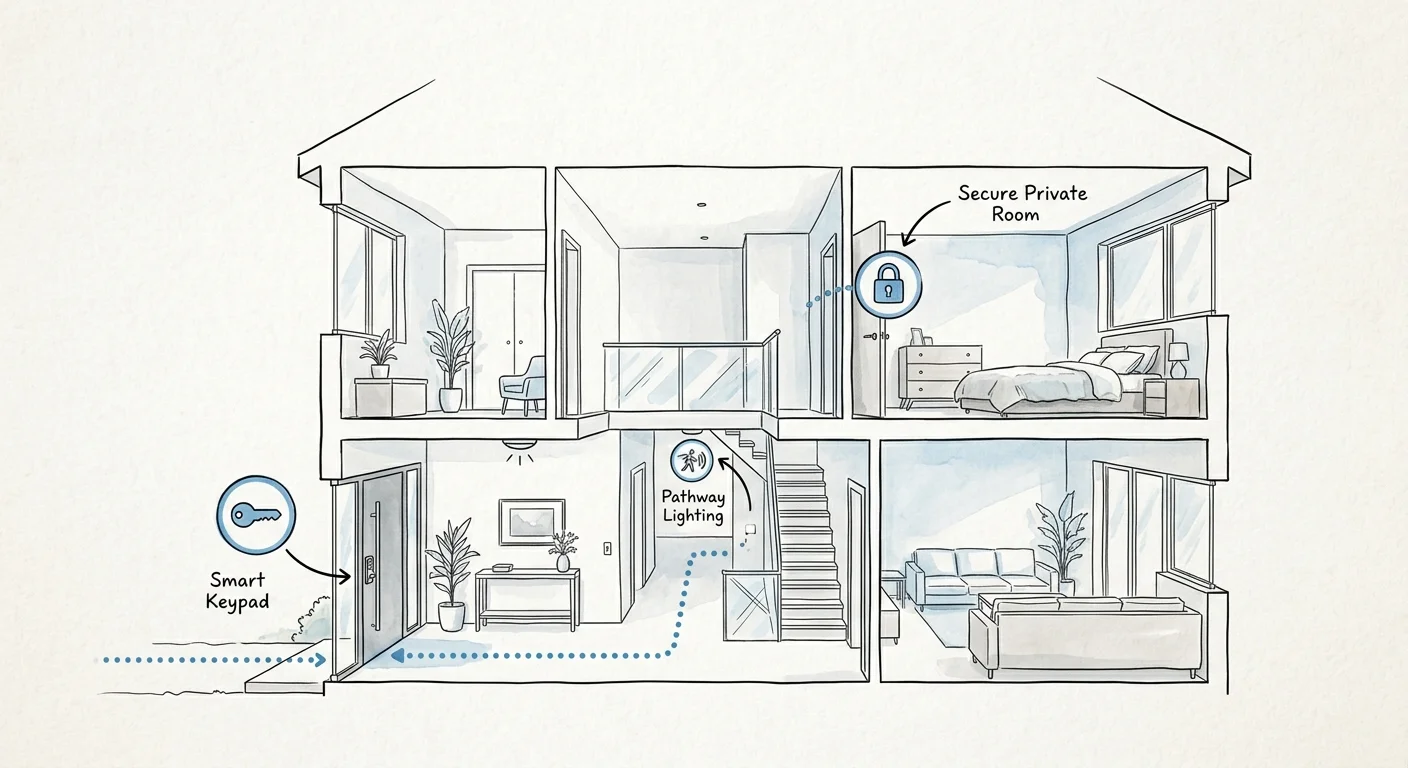 An architectural-style watercolor sketch of a house highlighting security upgrades like smart keypad locks and private doors.