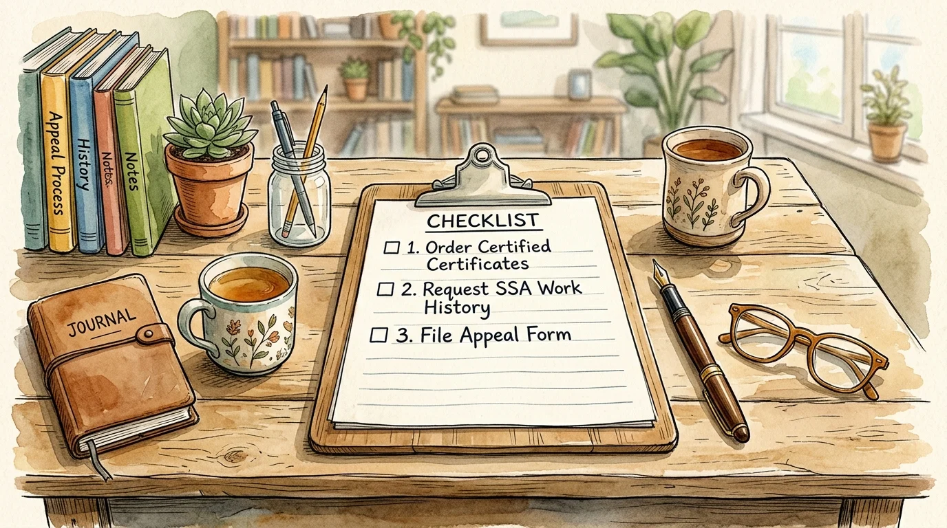 An artistic watercolor illustration of a desk with a checklist for ordering certificates, requesting work history, and filing forms.