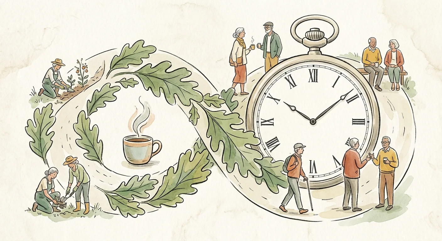 An artistic watercolor illustration showing a winding path made of leaves and a watch dial, symbolizing health and flexible time.