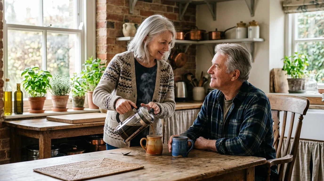 An authentic photo of an older couple sharing a warm morning moment in their sunlit, cozy home kitchen.