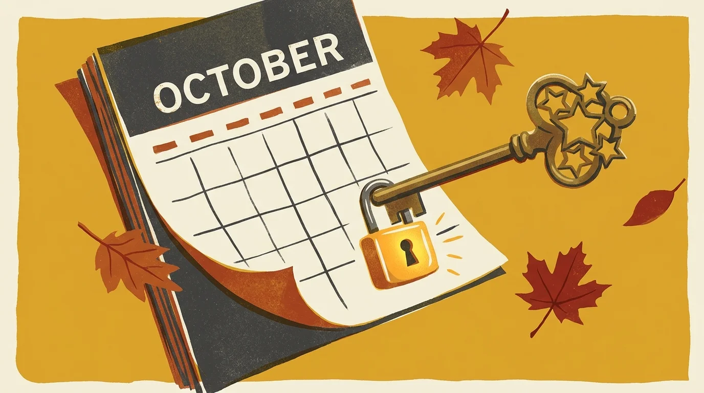 An autumn calendar page being unlocked by an antique key shaped like five stars, representing special enrollment access.