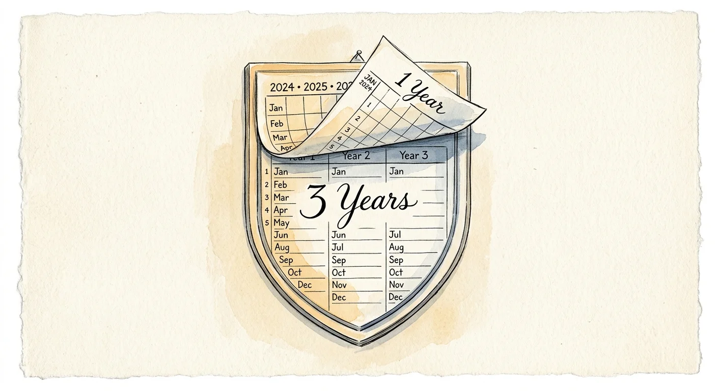 An editorial illustration of a calendar page peeling back to reveal a protective 3-year shield.