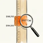 An editorial illustration of a measuring ruler with a magnifying glass highlighting the projected 2027 tax cap range.