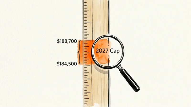 An editorial illustration of a measuring ruler with a magnifying glass highlighting the projected 2027 tax cap range.