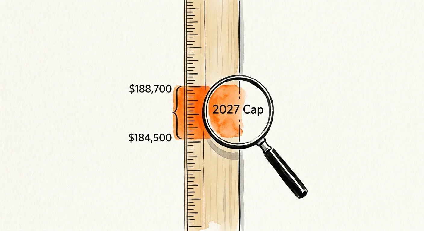 An editorial illustration of a measuring ruler with a magnifying glass highlighting the projected 2027 tax cap range.