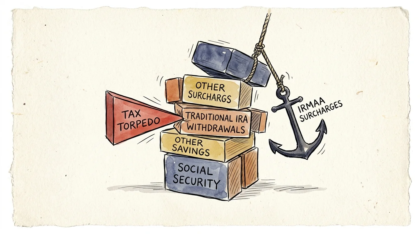 An editorial illustration showing a stack of retirement income blocks being squeezed by a tax torpedo and pulled by an IRMAA anchor.