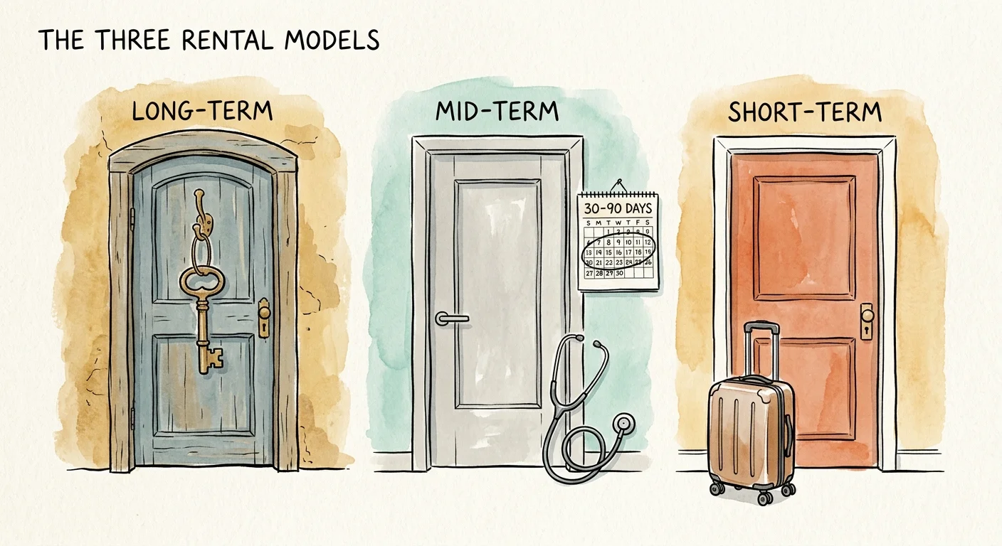 An editorial watercolor illustration of three doors representing long-term, mid-term, and short-term rental models.