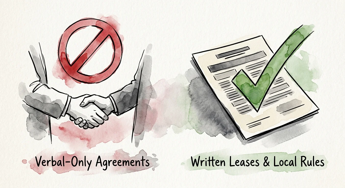 An editorial watercolor illustration warning against verbal-only agreements and emphasizing the safety of written leases.