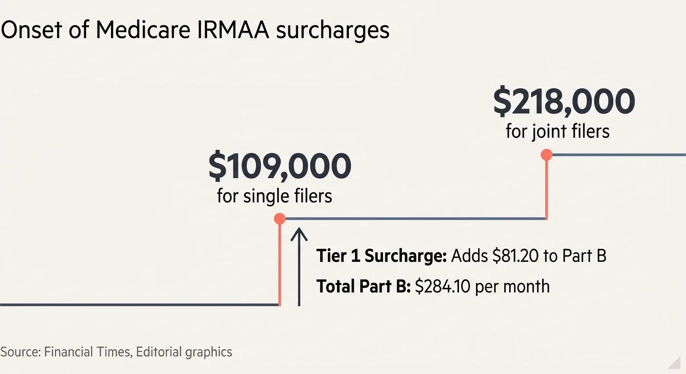 An elegant, clear data visualization showing the 2026 IRMAA threshold starting at $109,000 for single and $218,000 for joint filers.